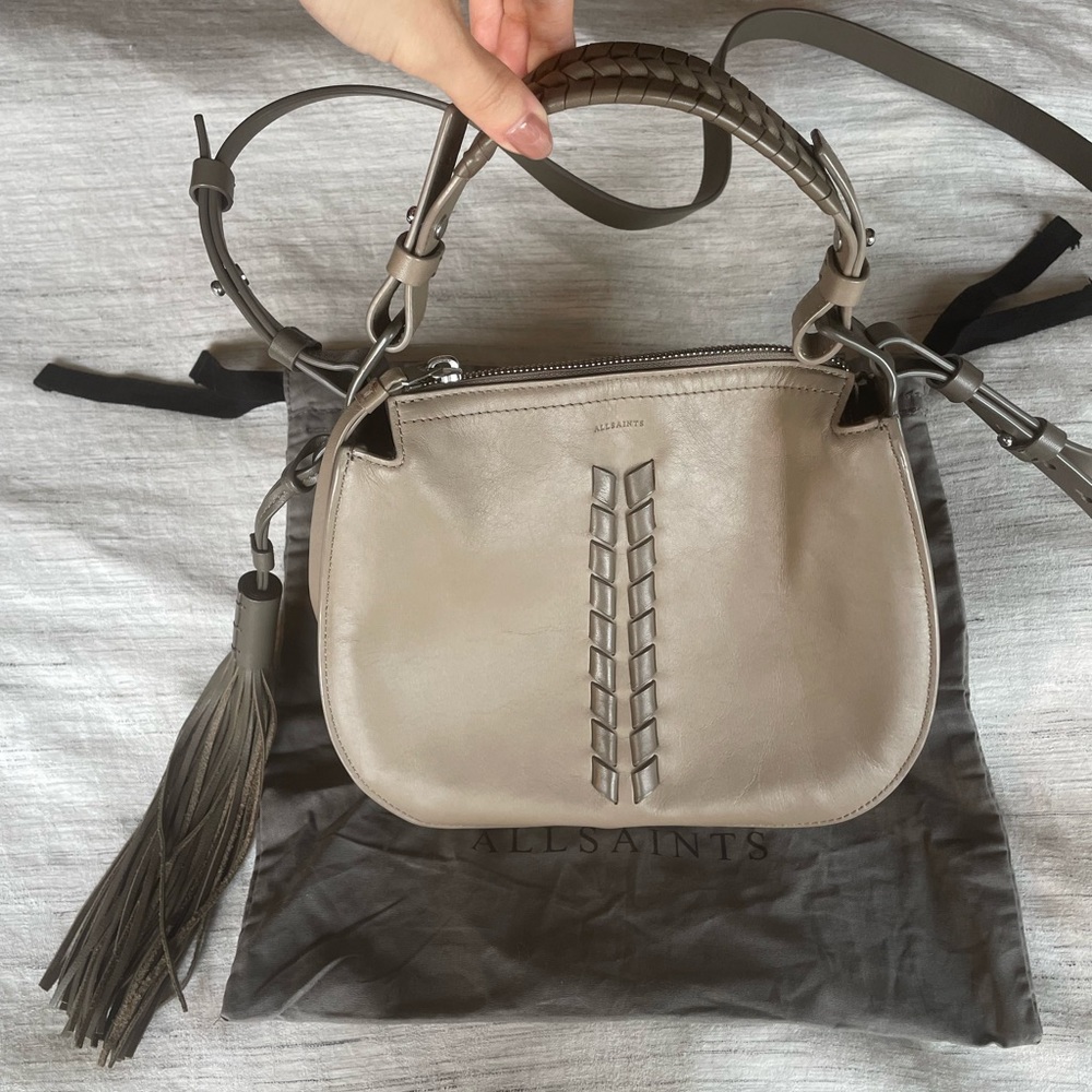 All Saints Taupe Crossbody Tassel Bag